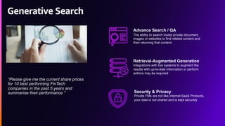 Generative Search
“Please give me the current share prices
for 10 best performing FinTech
companies in the past 5 years and
summarise their performance ”
Advance Search / QA
The ability to search inside private document,
images or websites to find related content and
then returning that content.
Retrieval-Augmented Generation
Integrations with live systems to augment the
results with up-to-date information or perform
actions may be required
Security & Privacy
Private FMs are not like Internet SaaS Products,
your data is not shared and is kept securely
 