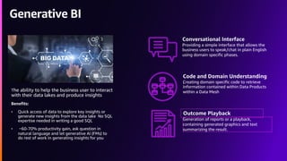 Generative BI
The ability to help the business user to interact
with their data lakes and produce insights
Benefits:
• Quick access of data to explore key insights or
generate new insights from the data lake No SQL
expertise needed in writing a good SQL
• ~60-70% productivity gain, ask question in
natural language and let generative AI (FMs) to
do rest of work in generating insights for you
Conversational Interface
Providing a simple interface that allows the
business users to speak/chat in plain English
using domain specific phases.
.
Code and Domain Understanding
Creating domain specific code to retrieve
information contained within Data Products
within a Data Mesh
.
Outcome Playback
Generation of reports or a playback,
containing generated graphics and text
summarizing the result.
 