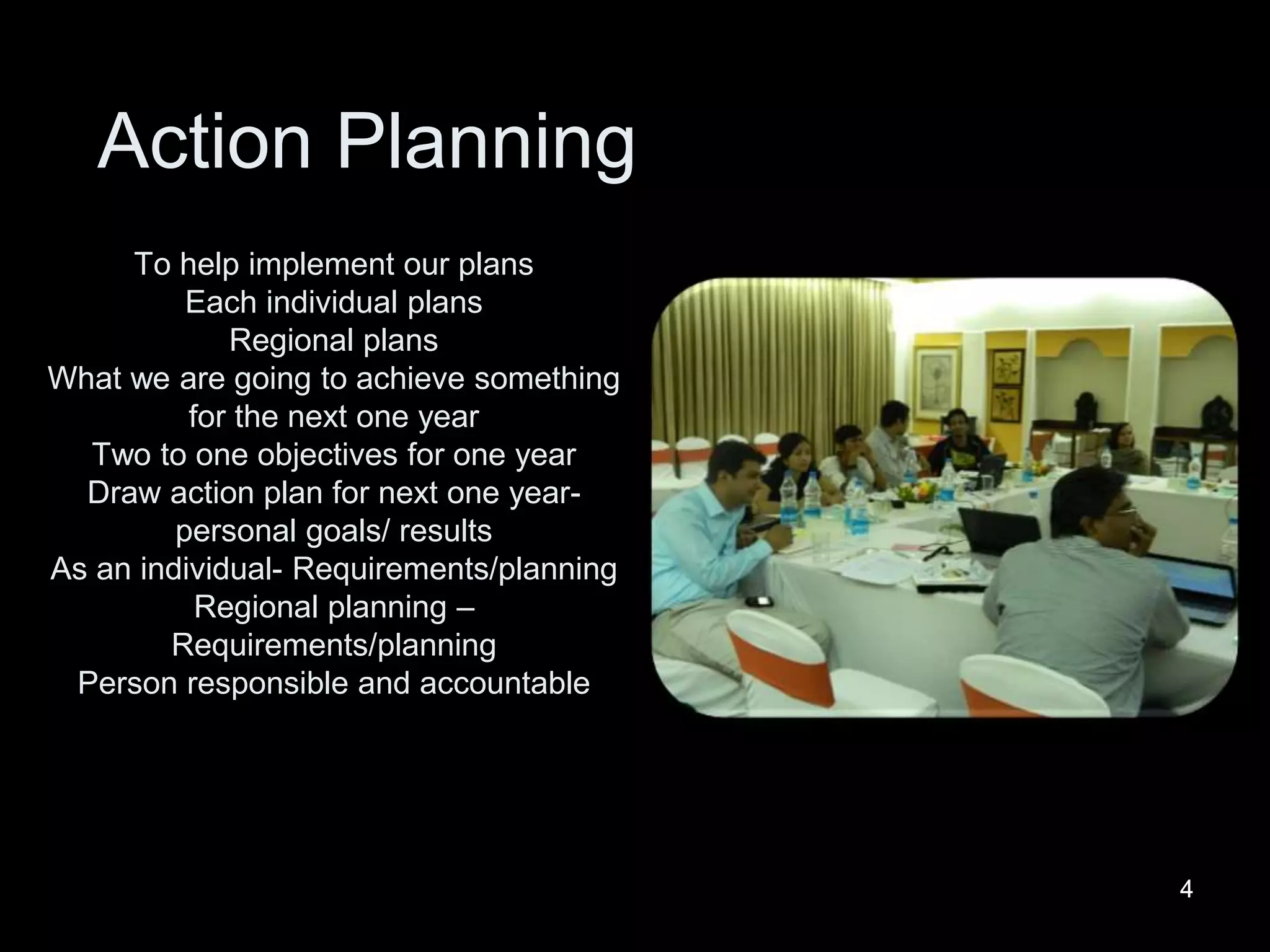 44
To help implement our plans
Each individual plans
Regional plans
What we are going to achieve something
for the next one year
Two to one objectives for one year
Draw action plan for next one year-
personal goals/ results
As an individual- Requirements/planning
Regional planning –
Requirements/planning
Person responsible and accountable
Action Planning