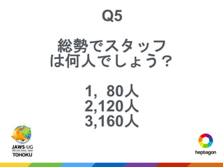 Q5
総勢でスタッフ
は何人でしょう？
1, 80人
2,120人
3,160人
 