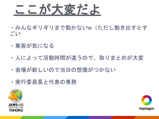 ・みんなギリギリまで動かないw（ただし動き出すとす
ごい
・集客が気になる
・人によって活動時間が違うので、取りまとめが大変
・会場が新しいので当日の想像がつかない
・実行委員長と代表の兼務
ここが大変だよ
 