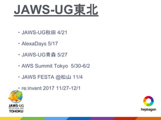 ・JAWS-UG秋田 4/21
・AlexaDays 5/17
・JAWS-UG青森 5/27
・AWS Summit Tokyo 5/30-6/2
・JAWS FESTA @松山 11/4
・re:invent 2017 11/27-12/1
JAWS-UG東北
 