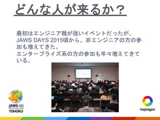 最初はエンジニア職が強いイベントだったが、
JAWS DAYS 2015頃から、非エンジニアの方の参
加も増えてきた。
エンタープライズ系の方の参加も年々増えてきて
いる。
どんな人が来るか？
 