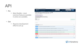 INSERT PHOTO ON TOP
• Pro
• Most flexible – most
common features available
in qTest are available.
• Con
• Requires development
effort to set up
API
 