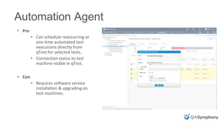 INSERT PHOTO ON TOP
• Pro
• Can schedule reoccurring or
one time automated test
executions directly from
qTest for selected tests.
• Connection status to test
machine visible in qTest.
• Con
• Requires software service
installation & upgrading on
test machines.
Automation Agent
 