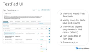 TestPad UI
❏ View and modify Test
Run fields
❏ Modify executed tests,
save and resume
❏ View linked objects
(requirements, test
cases, defects)
❏ Rich-text editor on
Test Step
❏ Screen capture
 