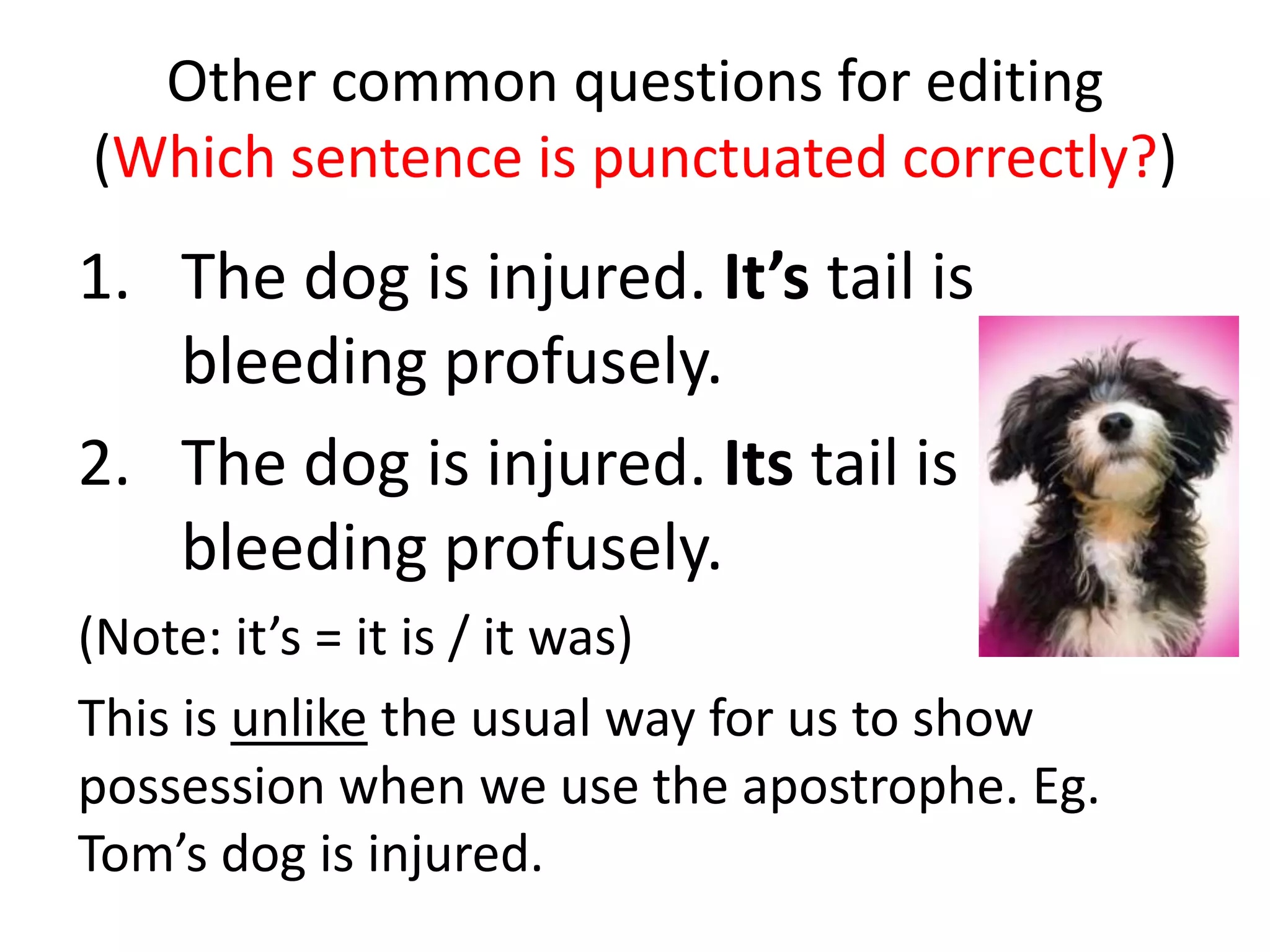 Other common questions for editing
(Which sentence is punctuated correctly?)
1. The dog is injured. It’s tail is
   bleeding profusely.
2. The dog is injured. Its tail is
   bleeding profusely.
(Note: it’s = it is / it was)
This is unlike the usual way for us to show
possession when we use the apostrophe. Eg.
Tom’s dog is injured.
 
