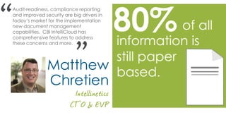 Matthew
Chretien
“
”
Audit-readiness, compliance reporting
and improved security are big drivers in
today’s market for the implementation
new document management
capabilities. CBI IntelliCloud has
comprehensive features to address
these concerns and more.
 