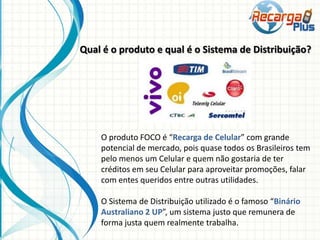 O produto FOCO é “Recarga de Celular” com grande
potencial de mercado, pois quase todos os Brasileiros tem
pelo menos um Celular e quem não gostaria de ter
créditos em seu Celular para aproveitar promoções, falar
com entes queridos entre outras utilidades.
O Sistema de Distribuição utilizado é o famoso “Binário
Australiano 2 UP”, um sistema justo que remunera de
forma justa quem realmente trabalha.
Qual é o produto e qual é o Sistema de Distribuição?
 