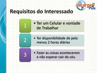 • Ter um Celular e vontade
de Trabalhar1
• Ter disponibilidade de pelo
menos 2 horas diárias2
• Fazer as coisas acontecerem
e não esperar cair do céu3
Requisitos do Interessado
 