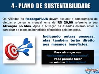 4 - PLANO DE SUSTENTABILIDADE
Os Afiliados ao RecargaPLUS devem assumir o compromisso de
efetuar o consumo mensalmente de R$ 20,00 referente a sua
Ativação no Mês. Após a Ativação os Afiliados estarão aptos a
participar de todos os benefícios oferecidos pela empresa.

                         Indicando outras pessoas,
                         elas também terão direito
                         aos mesmos benefícios.

                                 Para alcançar sua
                            “Independência Financeira”,
                                 você precisa fazer
                              no mínimo 5 Indicações!
 