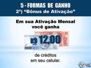 5 - FORMAS DE GANHO
2ª) “Bônus de Ativação”

Em sua Ativação Mensal
     você ganha


     R$   12,00
      de créditos
     em seu celular.
 