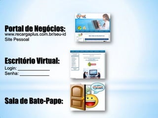 Portal de Negócios:
www.recargaplus.com.br/seu-id
Site Pessoal




Escritório Virtual:
Login: _____________
Senha: ____________




Sala de Bate-Papo:
 
