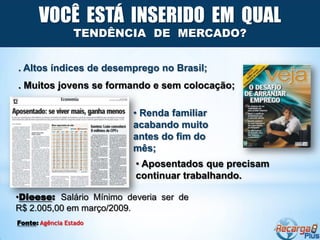 VOCÊ ESTÁ INSERIDO EM QUAL
                 TENDÊNCIA DE MERCADO?


. Altos índices de desemprego no Brasil;
. Muitos jovens se formando e sem colocação;

                         • Renda familiar
                         acabando muito
                         antes do fim do
                         mês;
                          • Aposentados que precisam
                          continuar trabalhando.

•Dieese: Salário Mínimo deveria ser de
R$ 2.005,00 em março/2009.
Fonte: Agência Estado
 