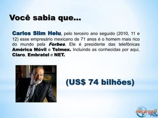 Você sabia que...
Carlos Slim Helu, pelo terceiro ano seguido (2010, 11 e
12) esse empresário mexicano de 71 anos é o homem mais rico
do mundo pela Forbes. Ele é presidente das telefônicas
América Móvil e Telmex. Incluindo as conhecidas por aqui,
Claro, Embratel e NET.




                        (US$ 74 bilhões)
 