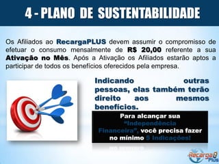 4 - PLANO DE SUSTENTABILIDADE
Os Afiliados ao RecargaPLUS devem assumir o compromisso de
efetuar o consumo mensalmente de R$ 20,00 referente a sua
Ativação no Mês. Após a Ativação os Afiliados estarão aptos a
participar de todos os benefícios oferecidos pela empresa.

                         Indicando           outras
                         pessoas, elas também terão
                         direito   aos      mesmos
                         benefícios.
                                Para alcançar sua
                                 “Independência
                          Financeira”, você precisa fazer
                             no mínimo 5 Indicações!
 