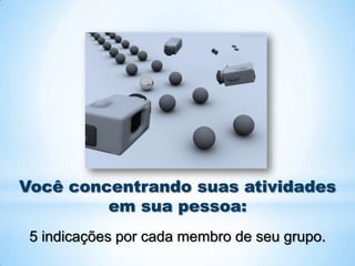 Você concentrando suas atividades
         em sua pessoa:
 5 indicações por cada membro de seu grupo.
 