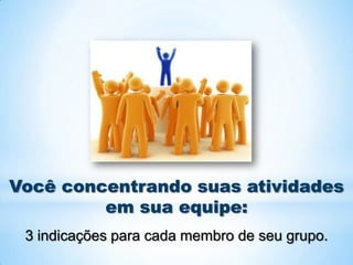 Você concentrando suas atividades
         em sua equipe:
 3 indicações para cada membro de seu grupo.
 