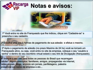 Plano de carreira:vocêAJUDE  03 DE SEUS INDICADOSA SE TORNAREM FRANQUEDOS PRATAE QUALIFIQUE-SE A :1- F.P2- F.P3- F.PFRANQUEADO OUROGANHA 30 % SOBRE O FATURAMENTONACIONAL DO BÔNUS CARREIRA