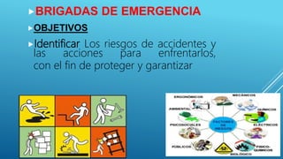 BRIGADAS DE EMERGENCIA
OBJETIVOS
Identificar Los riesgos de accidentes y
las acciones para enfrentarlos,
con el fin de proteger y garantizar
 