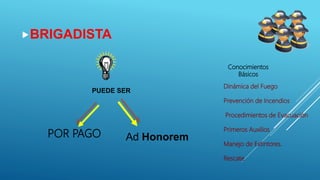 POR PAGO
BRIGADISTA
PUEDE SER
Ad Honorem
Conocimientos
Básicos
Dinámica del Fuego
Prevención de Incendios
Procedimientos de Evacuación
Primeros Auxilios
Manejo de Extintores.
Rescate
 