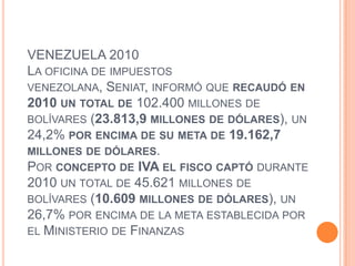 VENEZUELA 2010La oficina de impuestos venezolana, Seniat, informó que recaudó en 2010 un total de 102.400 millones de bolívares (23.813,9 millones de dólares), un 24,2% por encima de su meta de 19.162,7 millones de dólares.Por concepto de IVA el fisco captó durante 2010 un total de 45.621 millones de bolívares (10.609 millones de dólares), un 26,7% por encima de la meta establecida por el Ministerio de Finanzas