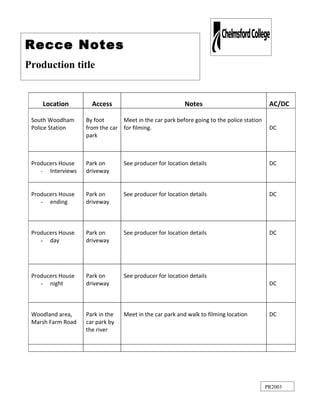 Recce Notes
Production title


     Location        Access                              Notes                             AC/DC

 South Woodham     By foot      Meet in the car park before going to the police station
 Police Station    from the car for filming.                                               DC
                   park



 Producers House   Park on       See producer for location details                         DC
    - Interviews   driveway


 Producers House   Park on       See producer for location details                         DC
    - ending       driveway



 Producers House   Park on       See producer for location details                         DC
    - day          driveway




 Producers House   Park on       See producer for location details
    - night        driveway                                                                DC



 Woodland area,    Park in the   Meet in the car park and walk to filming location         DC
 Marsh Farm Road   car park by
                   the river




                                                                                          PR2003
 