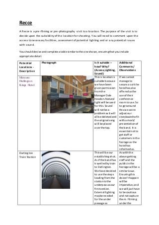 Recce 
A Recce is a pre-filming or pre-photography visit to a location. The purpose of the visit is to 
decide upon the su...