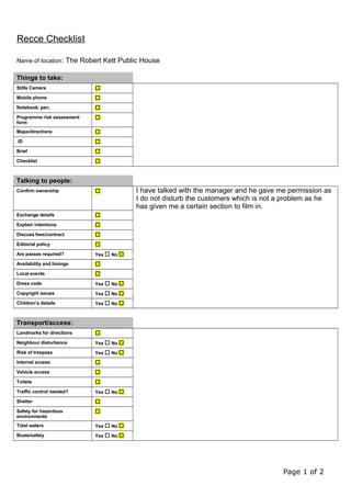 Recce checklist the robert kett public house | PDF