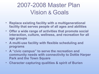 2007-2008 Master Plan
Vision & Goals
• Replace existing facility with a multigenerational
facility that serves people of all ages and abilities
• Offer a wide range of activities that promote social
interaction, culture, wellness, and recreation for all
age groups
• A multi-use facility with flexible scheduling and
programs
• A “civic campus” to serve the recreation and
community needs with connectivity to Dottie Harper
Park and the Town Square
• Character capturing qualities & spirit of Burien

 