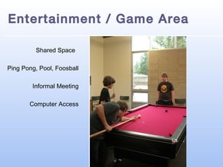 Entertainment / Game Area
Shared Space
Ping Pong, Pool, Foosball
Informal Meeting
Computer Access

 