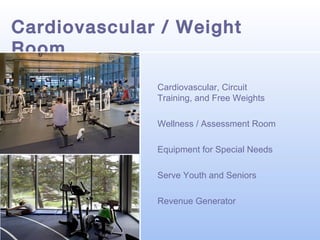 Cardiovascular / Weight
Room
Cardiovascular, Circuit
Training, and Free Weights
Wellness / Assessment Room
Equipment for Special Needs
Serve Youth and Seniors
Revenue Generator

 