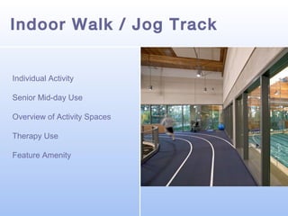Indoor Walk / Jog Track
Reception
Individual Activity
Senior Mid-day Use
Overview of Activity Spaces
Therapy Use
Feature Amenity

Registration
Access Control
Public Relations

 