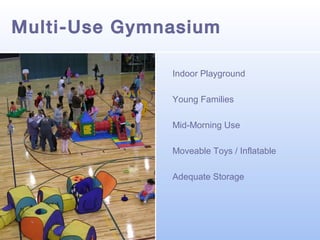 Multi-Use Gymnasium
Indoor Playground
Young Families
Mid-Morning Use
Moveable Toys / Inflatable
Adequate Storage

 