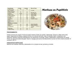 Merluza en Papillote
PROCEDIMIENTO:
Cortar en forma de corazón 4 trozos de papel manteca. Pintar con aceite y salpimentar. Apoyar un filete sobre cada
papel. Salpimentar los filetes y esparcir encima, sin cubrirlos del todo, el ajo, la cebolla el apio, la albahaca y las
aceitunas. Distribuir arriba los champiñones, los camarones y el tomate. Volver a salpimentar y espolvorear con perejil.
Pintar con clara los bordes del papel. Hacer un repulgo para cerrar herméticamente. Cocinar en horno máximo durante 10
minutos A 180 °C.
PANACHÉ DE HORTALIZAS
Mezclar las hortalizas calientes y aderezarlas con un poquito de sal, pimienta y el aceite.
 