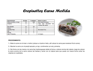 Crepinettes Carne Molida
PROCEDIMIENTO:
1.- Moler la carne en el mixer o molino (colocar un bowl en hielo y allí colocar la carne para mantener fría la carne).
2.- Mezclar la carne con el perejil repicado y el ajo, condimentar con sal y pimienta.
3.- Dar forma con las manos a la carne tipo hamburguesas darles la forma y colocar encima del crépine, luego de colocar
la carne encima de la carne colocar las hierbas y cerrar con el crépine para que quede con buena forma cortar los
crepines en cuadrados.
 