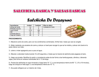 Salchicha De Desayuno
PROCEDIMIENTO:
1.- Mezcle la carne de cerdo, pero con los condimentos combinados. Enfriar bien, hasta que casi se congele.
2.- Moler mediante una picadora de carne y colocar un bowl para recoger lo que se ha molido y colocar otro bowl en la
parte inferior con hielo.
3.- volver a moler agregando poco a poco el agua.
4.- Mezclar a velocidad media durante 15 a 20 segundos, o hasta que la mezcla de salchicha este pegajosa al tacto.
5.- Haga una prueba. Rectificar la sazón y consistencia antes de dar forma a las hamburguesas, cilindros, o llenando
cajas y dar forma en enlaces individuales de 5 / 13 de largo.
6.- Pochar las salchichas en agua hirviendo a fuego lento 74 ° C, a una temperatura interna de 66 ° C, (15 a 18 minutos),
luego de choque en hielo-agua a una temperatura interna de 16 ° C.
7.- Se puede refrigerar por un máximo de 3 días.
 