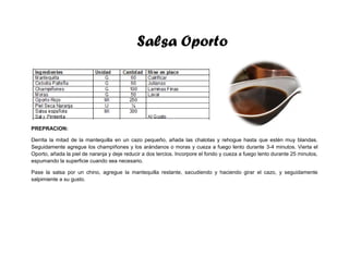 Salsa Oporto
PREPRACION:
Derrita la mitad de la mantequilla en un cazo pequeño, añada las chalotas y rehogue hasta que estén muy blandas.
Seguidamente agregue los champiñones y los arándanos o moras y cueza a fuego lento durante 3-4 minutos. Vierta el
Oporto, añada la piel de naranja y deje reducir a dos tercios. Incorpore el fondo y cueza a fuego lento durante 25 minutos,
espumando la superficie cuando sea necesario.
Pase la salsa por un chino, agregue la mantequilla restante, sacudiendo y haciendo girar el cazo, y seguidamente
salpimiente a su gusto.
 