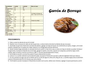 Garrón de Borrego
PROCEDIMIENTO:
1.- Pelar y cortar los dientes de ajo en la mitad
2.- Realizar cinco incisiones en cada uno de los garrones, y colocar dentro de estos los dientes de ajo y las pasas.
3.- Acomodar los garrones dentro de una bolsa de plástico, agregar las hojas de laurel, los condimentos en polvo, vinagre, cerrar bien
la bolsa cuidando que no quede aire y dejar reposar en la refrigeradora durante 48 horas.
4.- Quitar la bolsa luego acomodar en una placa de horno combi ( o traer de la casa un pírex con tapa en donde se puedan introducir
los garrones), incorporar el líquido de la marinada, agregar el oporto, vino tinto, sazonar con sal gruesa y pimienta negra recién
molida, tapar la fuente y cocinar en el horno a 180 °C. Durante aproximadamente 3 horas.
5.-Terminada la cocción y una vez frías quite el hueso y desmenuce la carne.
6.- Colocar en un sartén caliente la carne desmenuzada, incorpore el fondo de la cocción y caldo de vegetales hasta que reduzca.
7.- En una cacerola con agua con sal no olvidar que en un litro de agua se coloca 20 a 30 gr de sal, y cuando el agua este en ebullición
cocinar el fetuchinne de 10 a 12 minutos que este al dente.
8.- Terminada la cocción incorporar el fetuchinne al sartén con la carne, saltear unos minutos y agregar el queso parmesano y servir.
 