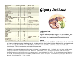 Gigots Relleno
PROCEDIMIENTO:
RELLENO
Sudar las cebollas paiteña, la zanahoria y el ajo en el aceite. Dejar
enfriar y mezclar con las carnes. Agregar el coñac y el perejil.
Mezclar para lograr una textura homogénea v salpimentar.
GIGOTS
Cocinar los huevos de codorniz a partir de agua fría con un chorrito
de vinagre, contando, 2 minutos después del hervor. Enfriarlos, pelarlos, cortarles los extremos y salpimentarlos. Cortar por la mitad
las hojas de acelga, descartando las nervaduras. Envolver tres huevos en cada mitad. Rellenar los cuartos traseros de pollo,
coloreando en el centro los huevos de codorniz, y coser la abertura.
Untar con aceite, salpimentar y cocinar durante 40 minutos en el horno a 180°C, sobre la mirepoix, con o sin rejilla. Retirar, cubrir
con papel de aluminio y dejar reposar durante 10 minutos. Quitar el hilo y cortar en rodajas la parte más ancha de cada gigot.
Colocar la harina en un bol. Condimentarla con sal, pimienta y nuez moscada. Añadir de una vez los huevos y la mitad de la leche y
de la soda. Mezclar enérgicamente con batidora para desarmar los grumos. Incorporar el resto de leche y soda, para obtener una
pasta de consistencia similar a la del engrudo.
 