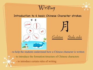 Writing 
Introduction to 6 basic Chinese Character strokes 
月 
Evolution Stroke order 
- to help the students understand how a Chinese character is written 
- to introduce the formation/structure of Chinese characters 
- to introduce certain rules of writing 
 