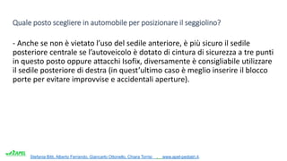 Stefania Bitti, Alberto Ferrando, Giancarlo Ottonello, Chiara Torrisi . www.apel-pediatri.it.
Quale posto scegliere in automobile per posizionare il seggiolino?
- Anche se non è vietato l’uso del sedile anteriore, è più sicuro il sedile
posteriore centrale se l’autoveicolo è dotato di cintura di sicurezza a tre punti
in questo posto oppure attacchi Isofix, diversamente è consigliabile utilizzare
il sedile posteriore di destra (in quest’ultimo caso è meglio inserire il blocco
porte per evitare improvvise e accidentali aperture).
 