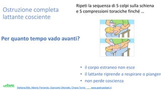 Stefania Bitti, Alberto Ferrando, Giancarlo Ottonello, Chiara Torrisi . www.apel-pediatri.it.
Ostruzione completa
lattante cosciente
• il corpo estraneo non esce
• il lattante riprende a respirare o piangere
• non perde coscienza
Per quanto tempo vado avanti?
Ripeti la sequenza di 5 colpi sulla schiena
e 5 compressioni toraciche finché …
 