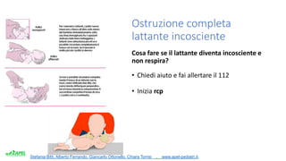 Stefania Bitti, Alberto Ferrando, Giancarlo Ottonello, Chiara Torrisi . www.apel-pediatri.it.
Ostruzione completa
lattante incosciente
Cosa fare se il lattante diventa incosciente e
non respira?
• Chiedi aiuto e fai allertare il 112
• Inizia rcp
 