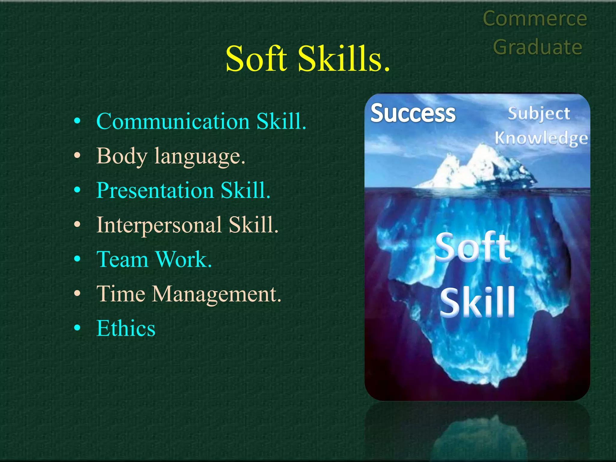 Commerce
                                Graduate
                Soft Skills.
•   Communication Skill.
•   Body language.
•   Presentation Skill.
•   Interpersonal Skill.
•   Team Work.
•   Time Management.
•   Ethics
 