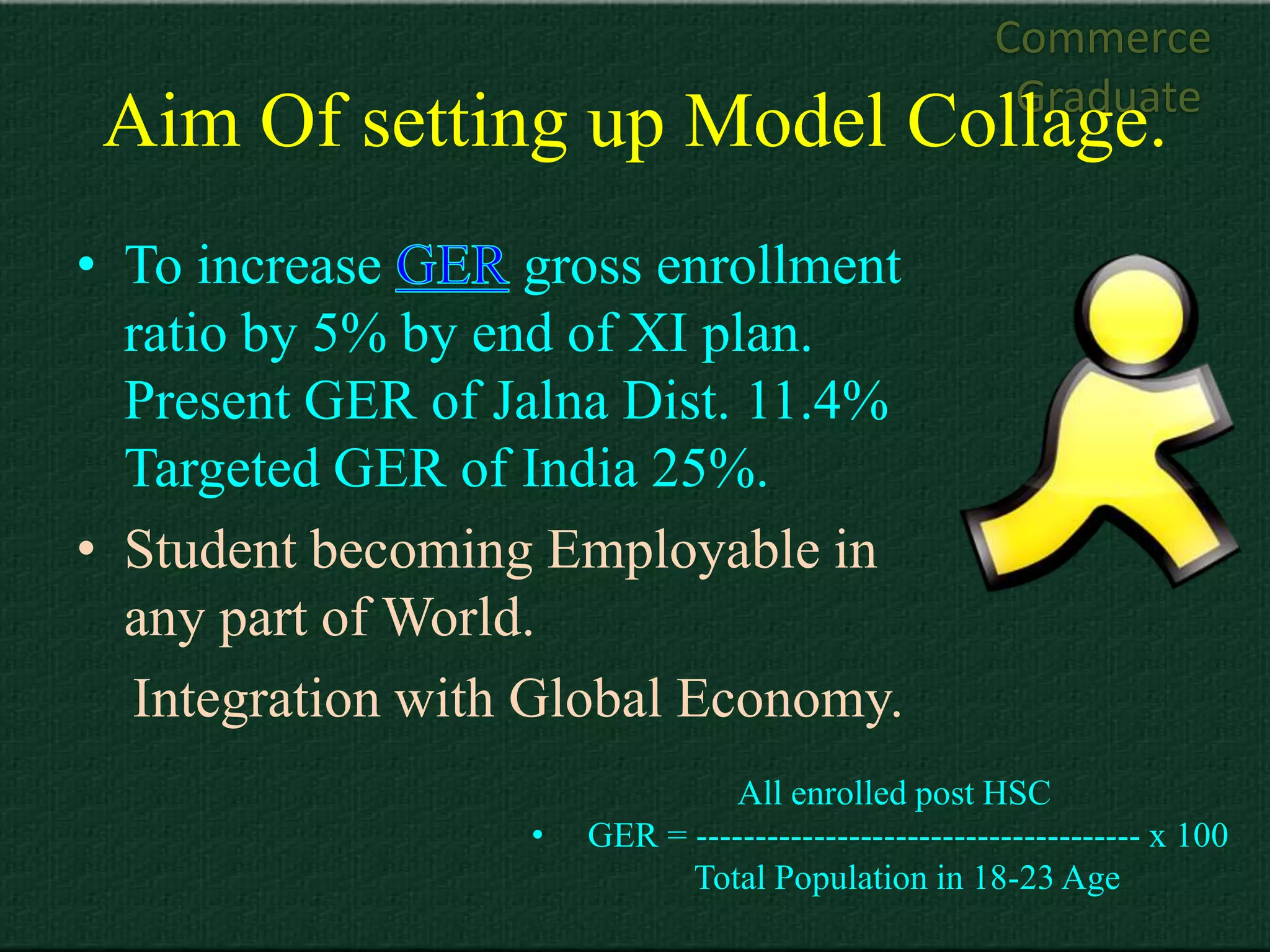 Commerce
                                                       Graduate
 Aim Of setting up Model Collage.
• To increase      gross enrollment
  ratio by 5% by end of XI plan.
  Present GER of Jalna Dist. 11.4%
  Targeted GER of India 25%.
• Student becoming Employable in
  any part of World.
  Integration with Global Economy.
                                 All enrolled post HSC
                   •   GER = -------------------------------------- x 100
                             Total Population in 18-23 Age
 