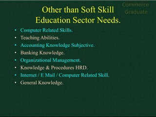 Commerce
            Other than Soft Skill                  Graduate
           Education Sector Needs.
•   Computer Related Skills.
•   Teaching Abilities.
•   Accounting Knowledge Subjective.
•   Banking Knowledge.
•   Organizational Management.
•   Knowledge & Procedures HRD.
•   Internet / E Mail / Computer Related Skill.
•   General Knowledge.
 