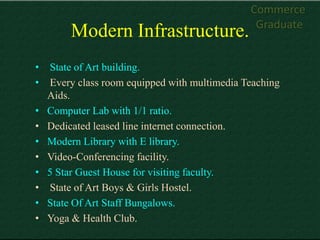 Commerce
                                                Graduate
         Modern Infrastructure.
•   State of Art building.
•   Every class room equipped with multimedia Teaching
    Aids.
•   Computer Lab with 1/1 ratio.
•   Dedicated leased line internet connection.
•   Modern Library with E library.
•   Video-Conferencing facility.
•   5 Star Guest House for visiting faculty.
•   State of Art Boys & Girls Hostel.
•   State Of Art Staff Bungalows.
•   Yoga & Health Club.
 