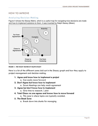 CLEAN LOGIX PROJECT MANAGEMENT
Page 6
HOW TO IMPROVE
Analyzing Decision Making
Figure 4 shows the Stacey Matrix, which is a useful map for navigating how decisions are made
and how to implement solutions to them, it was invented by Ralph Stacey (Meier).
FIGURE 5 - THE STACEY MATRIX BY RALPH STACEY
Here is a list of the different zones laid out in the Stacey graph and how they apply to
project management and decision making.
1. Agree and know how to implement a project
a. Can easily move forward
2. Don’t Agree but know how to implement
a. Scrum Meetings can help reach agreement
3. Agree but don’t know how to implement
a. Give time to research / plan
4. Total Chaos no one agrees and knows how to move forward
a. This zone is where topics are typically avoided.
5. The Dead Zone
a. Break down into chunks for managing
I decided to add this to
final paper to strengthen
the ethos of our argument
and why decision making
could benefit from project
management software or
techniques
 