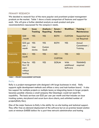 CLEAN LOGIX PROJECT MANAGEMENT
Page 8
PRIMARY RESEARCH
We decided to research four of the more popular and prominent project management
products on the market. Table 1 shows a basic comparison of features and support for
each. We will give a further detailed analysis on each product and give
recommendations repurposed for the company’s needs.
Cost Issue
Tracking
Analysis /
Reporting
Scrum /
Kanban
Workflow Training /
Maintenance
Jira $20
/month
YES YES BOTH CUSTOM Supported but
not Required
Rally $35 per
user /
month
YES
User
stories
YES
Custom
SaaS
BOTH YES Annual
Commitment /
Training
Basecamp $24 /
month
YES YES NO
CUSTOM
YES NO
ScrumWorks Free for
first 10
users
without
hosting
YES YES SCRUM With
additional
Software
TRAINING
required
TABLE 1 - PROJECT MANAGEMENT SOFTWARE
Rally
Rally is a project management suite designed with large businesses in mind. Rally
supports agile development methods and utilizes a story and task kanban board. It also
has support for multiple projects or multiple teams so integrating teams in larger projects
becomes possible whereas a small company like Cleanlogix would not need this
capability. The basic services cost $35 per user per month and that includes an issue
tracking system, storyboard and scrum burn down charts, and unlimited number of
projects(Rally Dev).
One of the major features to Rally is the ability for on-site hosting and technical support.
They offer free on-demand deployment of the software but an on-premise based solution
costs at minimum $4000 dollars for a part time network administration and hosting
 